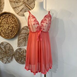 Vintage Pink sheer Babydoll Slip Dress Embroidered Floral Lingerie Romantic M/L
